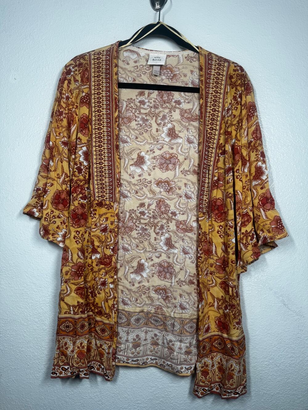 Knox Rose Kimono Cardigan Yellow Brown Sz XS/S Boho Floral
